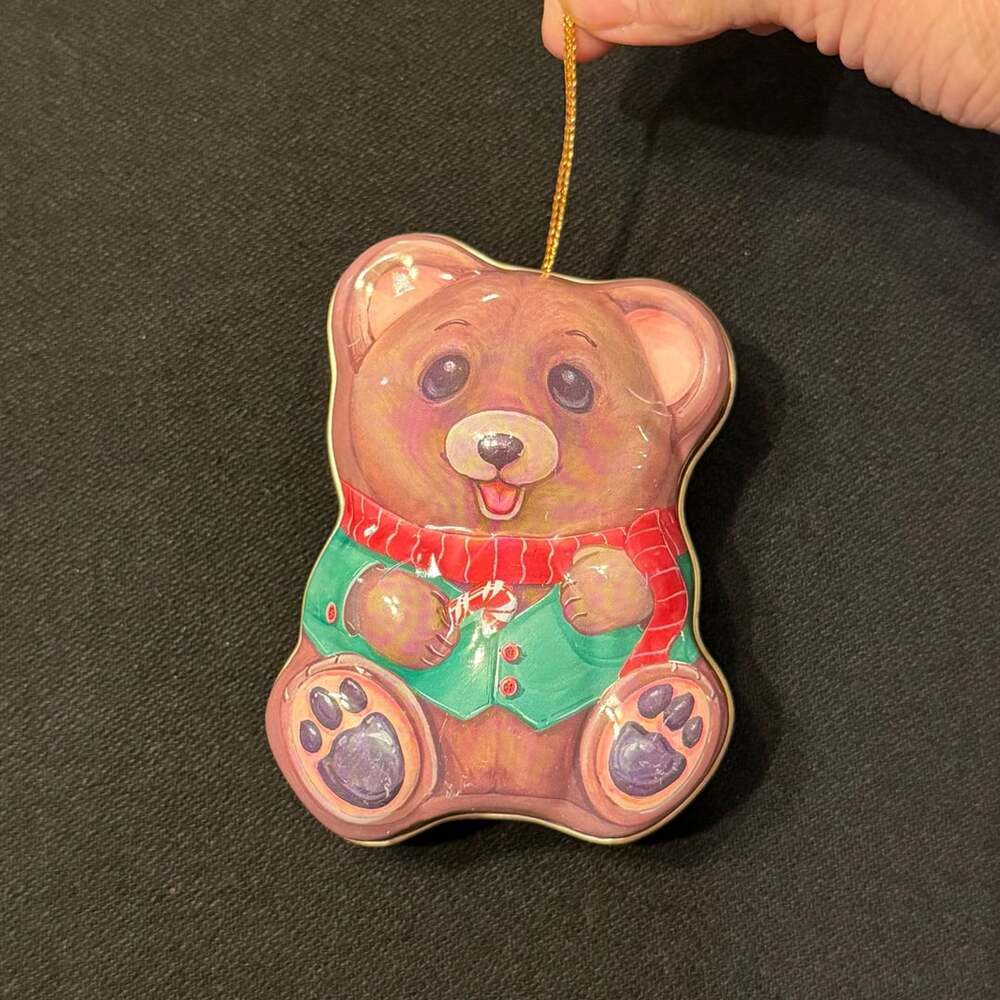 Vintage Christmas Teddy Bear Tin Ornament with Candy Cane and Green Vest 4”